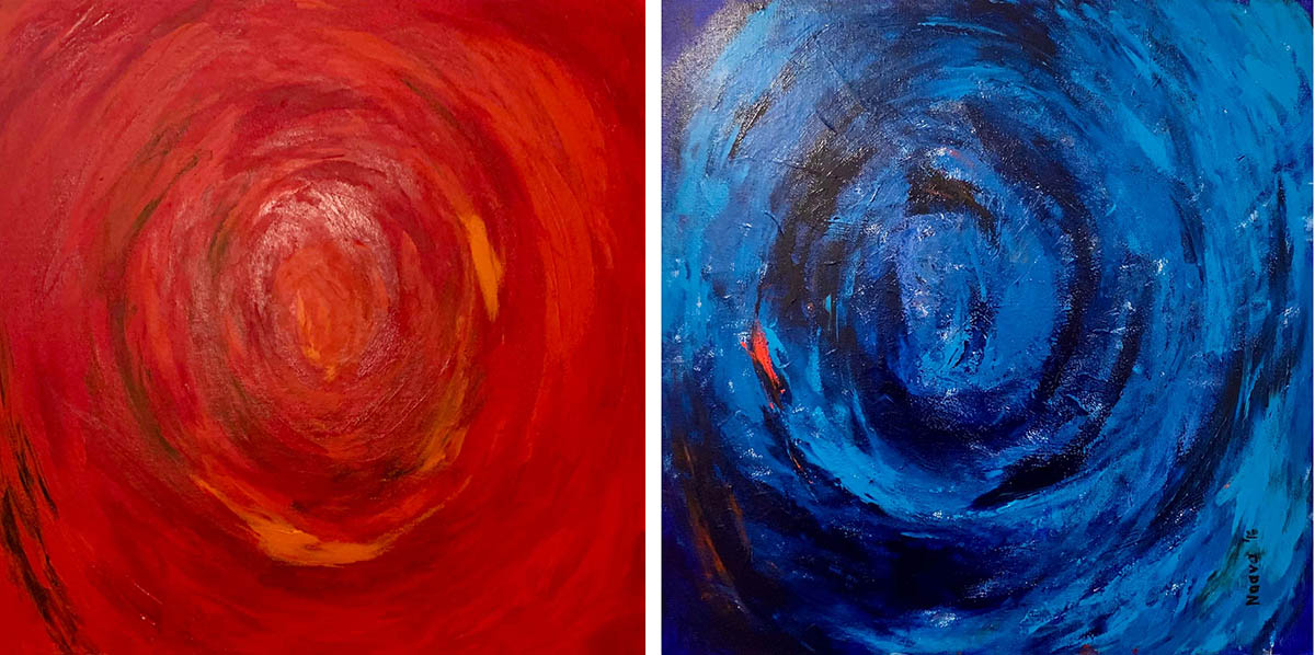 Red and blue abstract paintings by Naava Koblenz